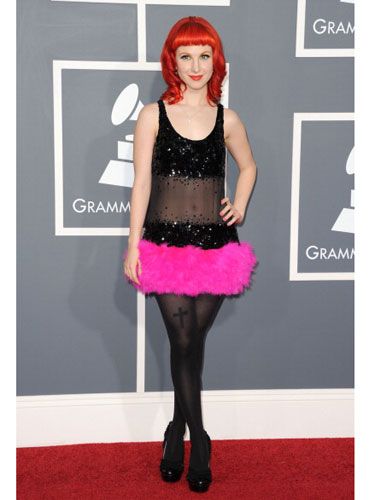 Most days, it's Paramore's lead singer's red hair that turns heads. But her amazing body got all the attention in this sequined and feathered number.
<i> Designer: Jeremy Scott  </i>