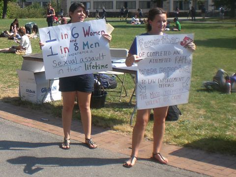“The Undergraduate Student Government printed matching t-shirts saying ‘Sexual Assault Awareness Day’ (including the number for the Boston College 24/7 hotline), stood in the most trafficked area of campus, held up signs with statistics, and handed out information to passersby. Many students signed up for important programs like Bystander Education Student Trainers (BEST) and SANet. Our Boston College Police Department was on hand with whistles, magnets, and registration for the Rape Aggression Defense Program.” - Alicia Johnson