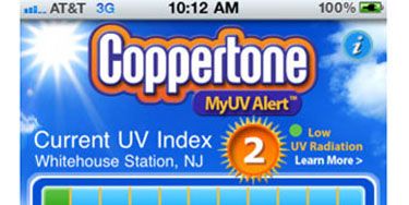 Plug in your zip code, and this app sends back the current UV level for your area, the weather forecast, and advice on what to wear and do to protect yourself appropriately. There's also a reminder alert you can activate that tells you when it's time to reapply sunscreen.<br /><br />

<a href="http://itunes.apple.com/us/app/coppertone-myuvalert/id380035439?mt=8" target="_blank">iTunes Store</a>, Free