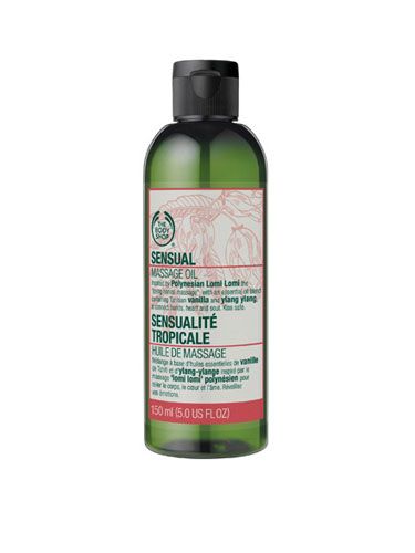 <p>Spiked with Polynesian ylang ylang and Tahitial vanilla — both proven aphrodisiacs — this heady oil is essential to giving yourself (or him, lucky guy) a relaxing, super-sensual massage.</p>
<p>The Body Shop Sensual Massage Oil, $18, <a href="http://www.thebodyshop-usa.com/body-products/massage-products/sensual-massage-oil.aspx?vendor=CSE_GOOG&mr:trackingCode=A5DE1BAB-5907-DF11-BAE3-0019B9C043EB&mr:referralID=NA&mr:adType=pla" target="_blank">thebodyshop.com</a></p>