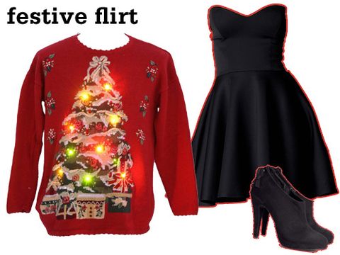 <p>If you know your crush is headed to the same theme party, a simple <a href="http://www.seventeen.com/fashion/blog/bella-thorne-little-black-dress"target="_self">black dress</a> (paired with a sweater that literally lights up a room) is a sure way to catch their eye! It's flirty without being over the top, and a pair of booties are much easier to walk in than mile-high stilettos.<br />
<p><b>1980’s Carly St. Claire Unisex Lightup Ugly Christmas Sweater</b>, $84, <a href="http://www.rustyzipper.com/shop.cfm?viewpartnum=247433"target="_blank">rustyzipper.com</a><br />
<p><b>Polly Bandeau Skater Dress</b>, $40, <a href="http://www.boohoo.com/usa/clothing/dresses/icat/going-out-dresses/polly-bandeau-skater-dress/invt/azz46300"target="_blank">boohoo.com</a><br />
<p><b>Ankle Boots</b>, $39.95, <a href="http://www.hm.com/us/product/18041?article=18041-A"target="_blank">hm.com</a></p>
