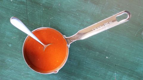 Liquid, Ingredient, Peach, Orange, Kitchen utensil, Tan, Cutlery, Spoon, Coquelicot, Silver, 