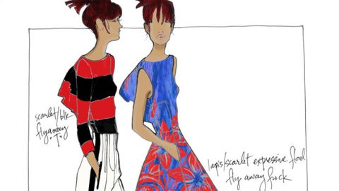 Hairstyle, Shoulder, Red, Joint, Standing, Style, Dress, Bangs, Art, Fashion illustration, 