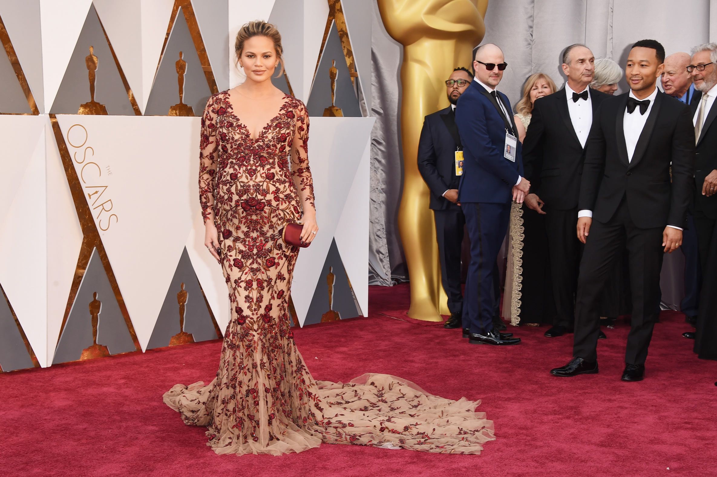 Chrissy Teigen in Red Marchesa Dress at the 2016 Oscars