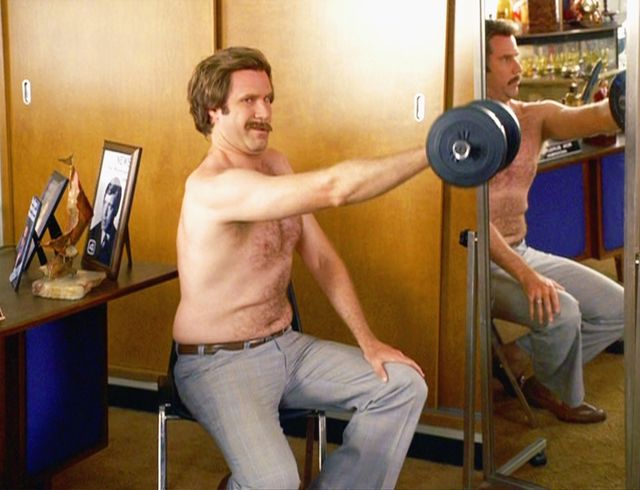 Ron Burgundy weightlifting in Anchorman