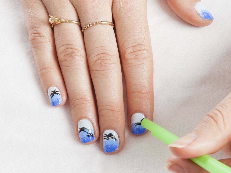 DIY nail art: How to do tropical palm trees using a straw and sponge - step by step nail art picture tutorial - Cosmopolitan.co.uk