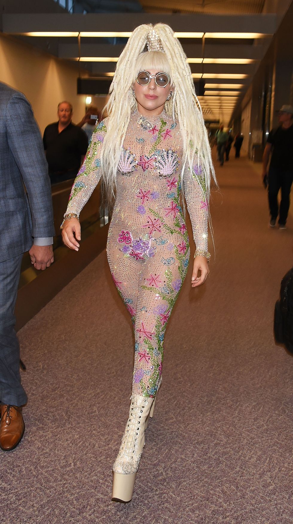 Lady Gaga in Japan wearing ocean-inspired, shell-adorned, sequinned jumpsuit - celebrity style photos - comsopolitan.co.uk