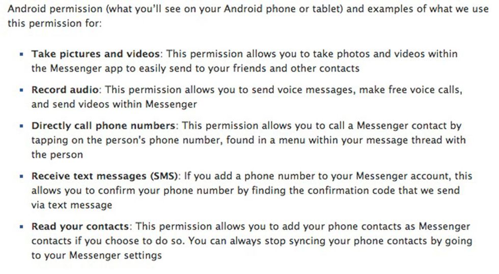 Facebook messenger app permissions