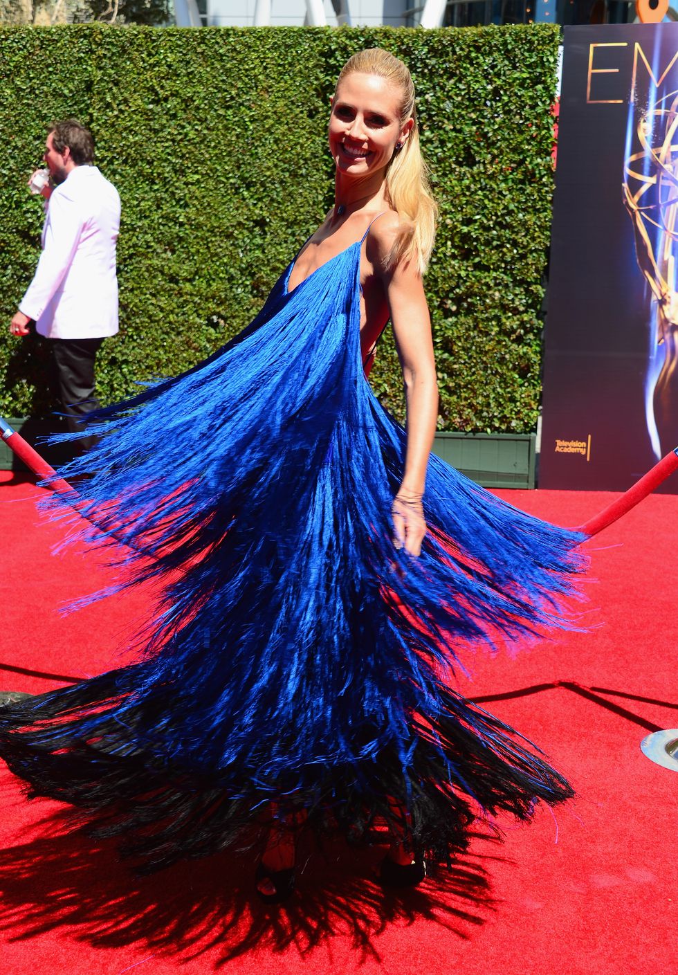 Heidi Klum wearing a blue tasseled dress at the Emmys - celebrity style photos - fashion - cosmopolitan.co.uk
