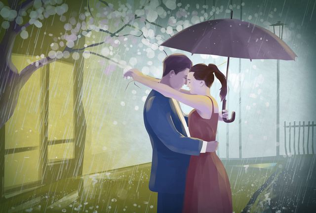 Illustration of couple in the rain