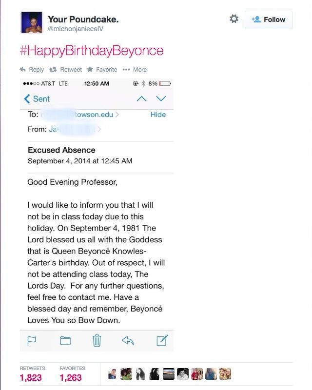 student uses beyonce as excuse not to study