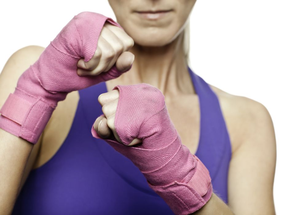 woman pink wrap boxing