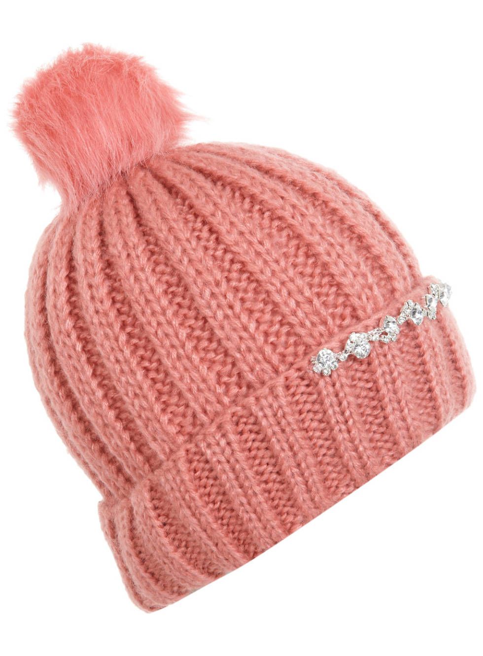 <a href="http://www.missselfridge.com/en/msuk/product/accessories-299050/hats-scarves-gloves-2469016/hats-2108077/pink-embellished-beanie-hat-3284337?refinements=category~%5b1246051%7c208110%5d&bi=1&ps=40" target="_blank">Pink Embellished Beanie Hat, £14