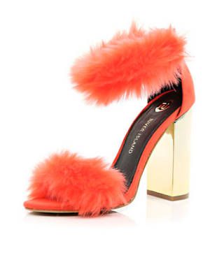 <a href="http://www.riverisland.com/women/shoes--boots/heels/Orange-barely-there-faux-fur-block-heels-660843" target="_blank">Orange Barely There faux fur block heels, £65, River Island</a>