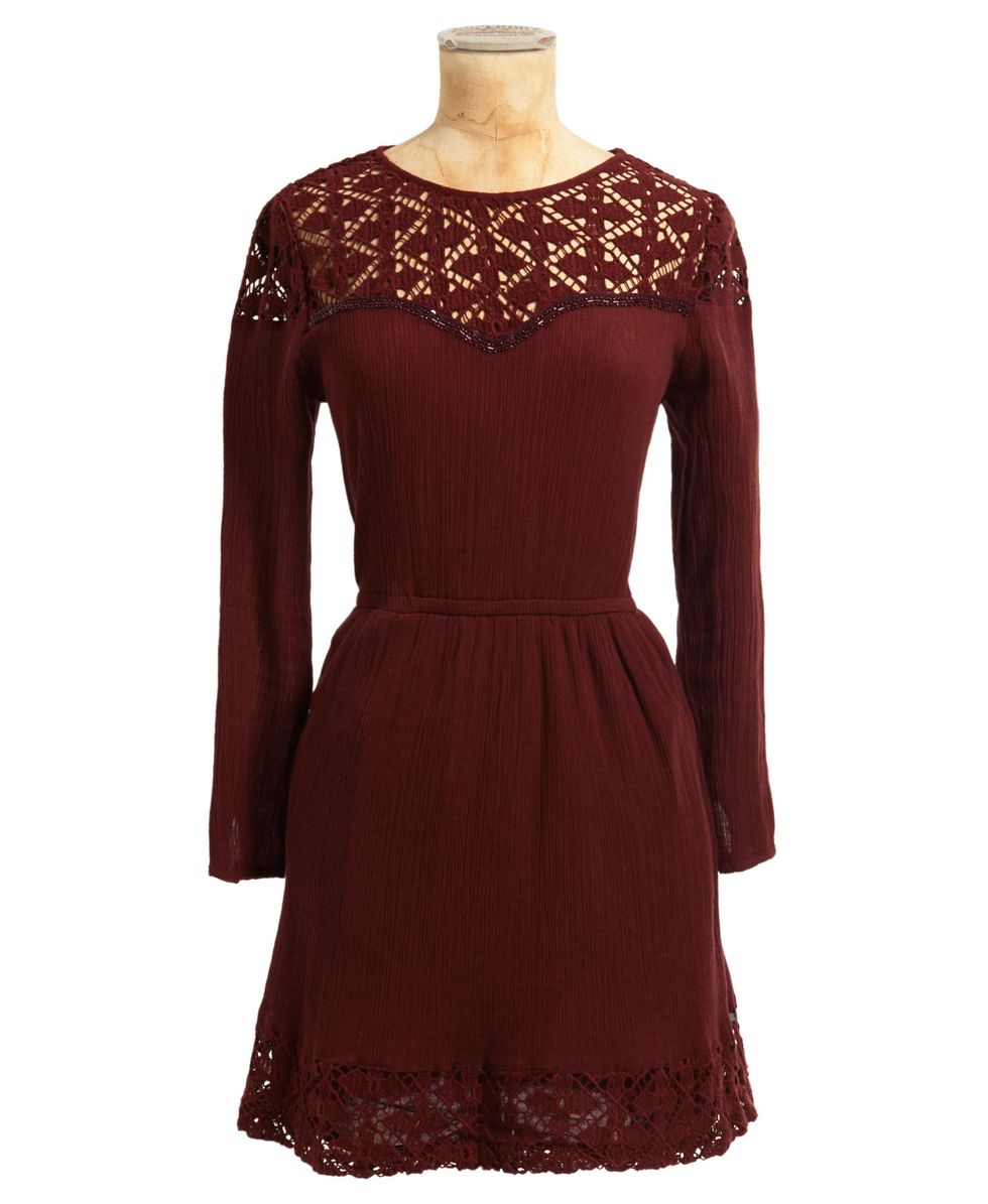 Brown, Dress, Sleeve, Shoulder, Textile, Red, Pattern, One-piece garment, Formal wear, Maroon, 