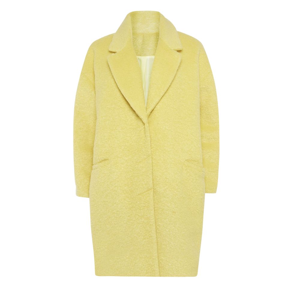 Coat, Yellow, Collar, Sleeve, Textile, Outerwear, Blazer, Khaki, Tan, Beige, 