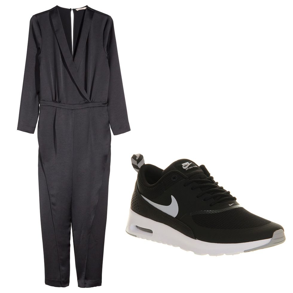 Black H&M Jumpsuit and Nike Air Max Thea trainers