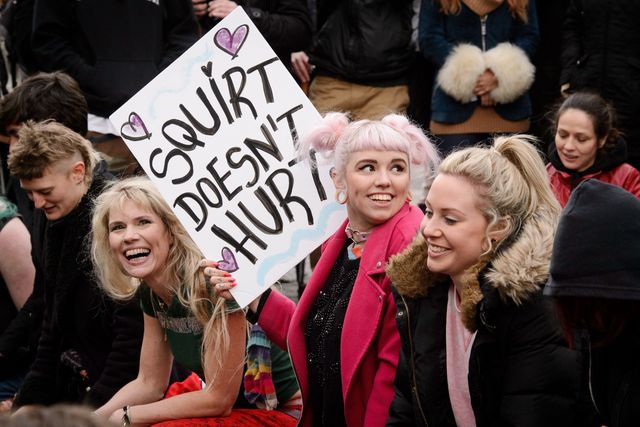 In response to new porn regulations, a protest took place outside parliament, involving a lot of face-sitting