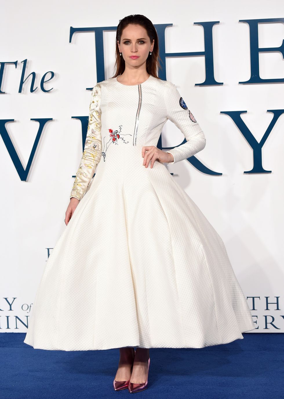 Felicity Jones wearing a white Christian Dior dress at the Theory of Everything premiere