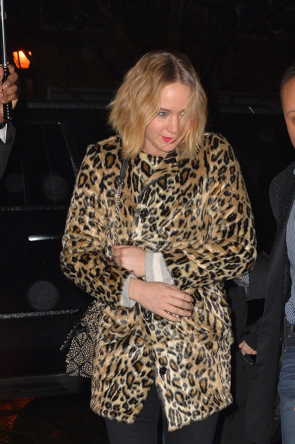 Jennifer Lawrence wearing a leopard print coat in New York