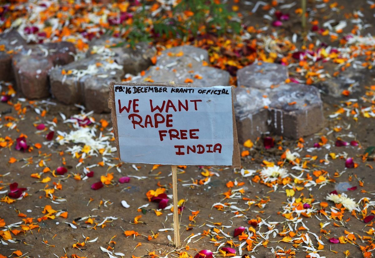 We want rape free India placard during protests against rape