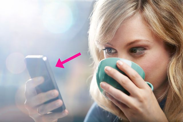 woman on mobile phone smartphone iphone drinking tea