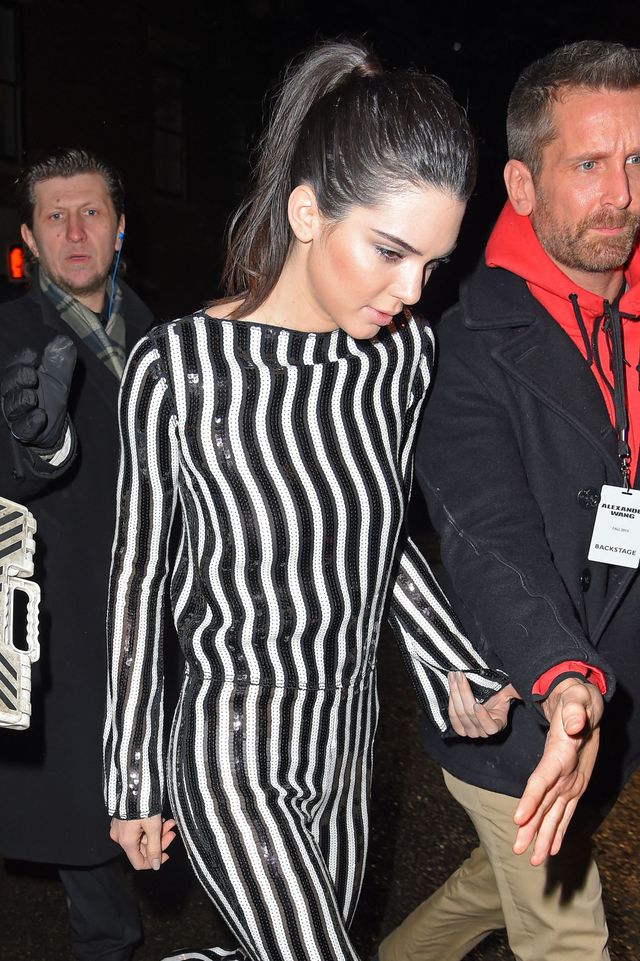Kendall Jenner in a striped jumpsuit in New York