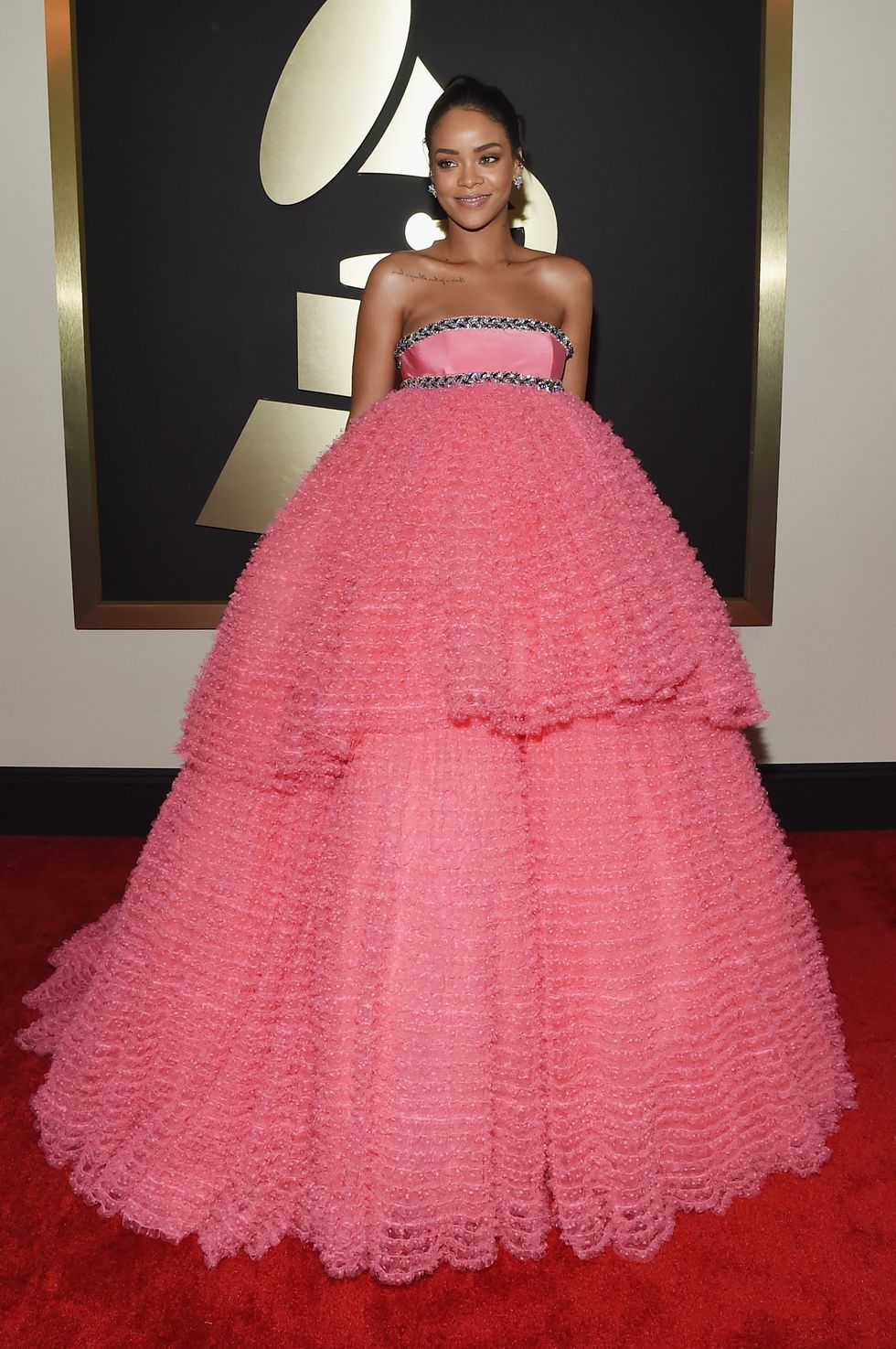 Rihanna at the 2015 Grammy Awards in a huge pink dress