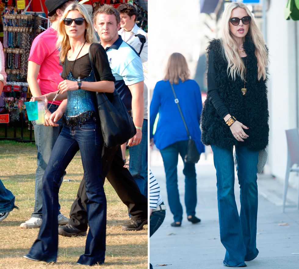 Kate Moss and Rachel Zoe wearing flared jeans