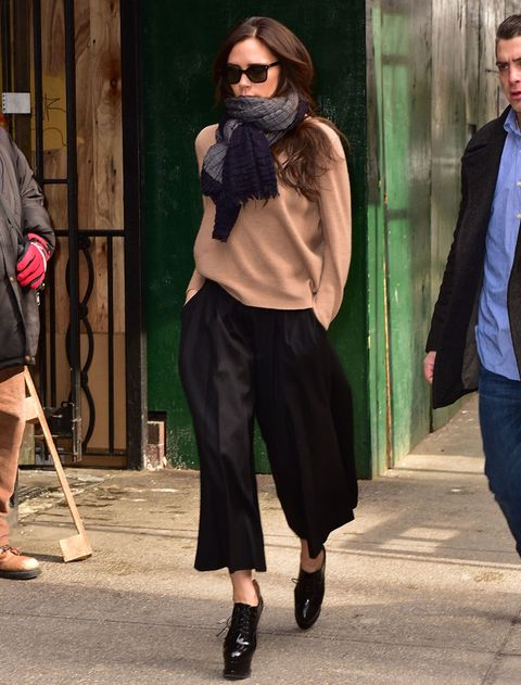 New York Fashion Week AW15: Victoria Beckham wearing culottes and a scarf