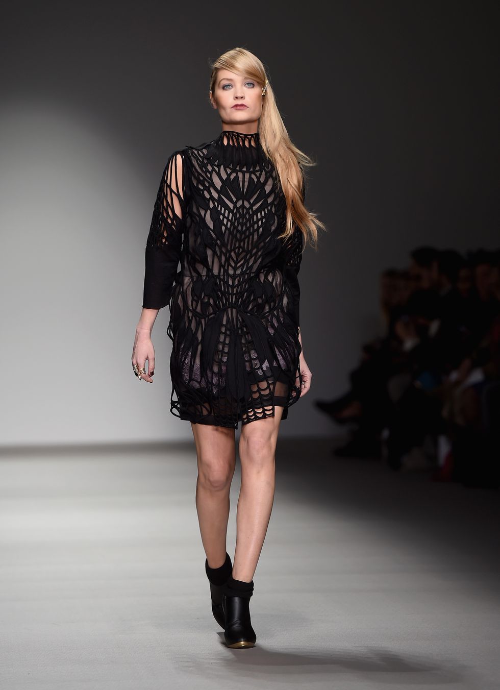 Laura Whitmore modelling a LBD at the Bora Aksu AW14 show