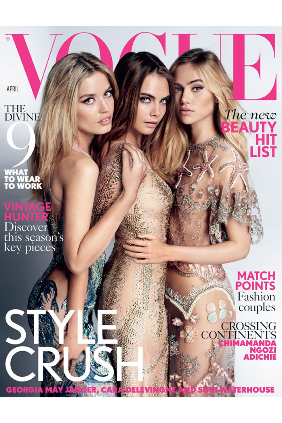 Cara Delevingne, Suki Waterhouse and Georgia May Jagger feature half-naked together in this month's Vogue