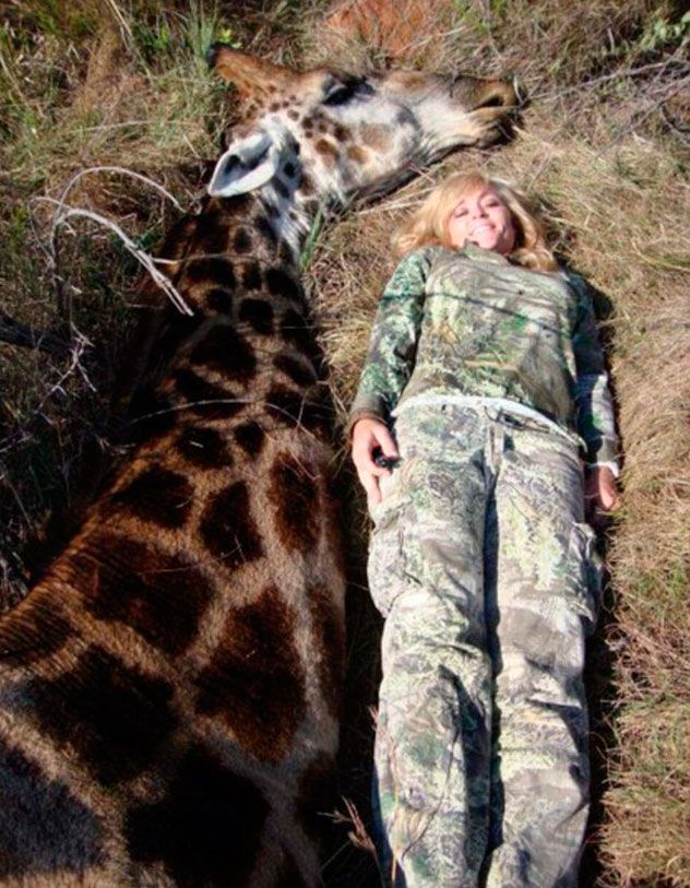 Rebecca Francis extreme huntress lies smiling next to dead giraffe