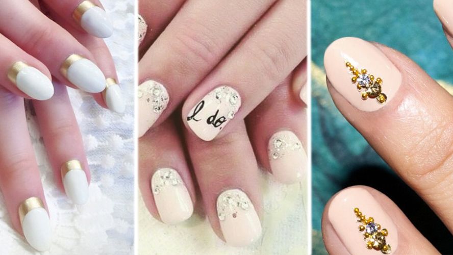 White and gold bridal nail art designs