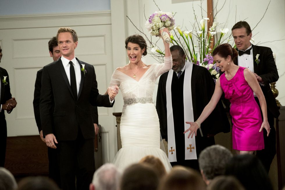 LOS ANGELES - JANUARY 30:  "The End of the Aisle" - ” With only a half-hour to go, both Barney and Robin have panic attacks about their upcoming nuptials. Meanwhile, Marshall and Lily rewrite their old wedding vows, on the final season of HOW I MET YOUR MOTHER, Monday, March 24(8:00-8:30 PM, ET/PT) on the CBS Television Network.  Pictured: Josh Radnor as Ted, Neil Patrick Harris as Barney, Cobie Smulders as Robin,, Ben Vereen as Rev. Sam Gibbs, Alyson Hannigan as Lily, Jason Segel as Marshall.  (Photo by Richard Cartwright/CBS via Getty Images) *** Local Caption *** Josh Radnor;Neil Patrick Harris;Cobie Smulders;Ben Vereen;Alyson Hannigan;Jason Segel