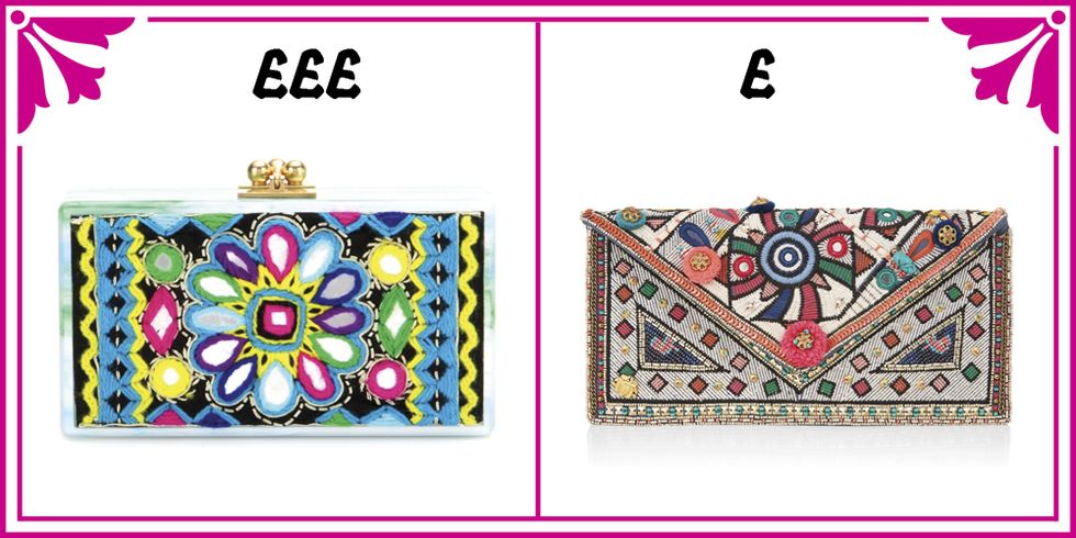 A designer embroidered clutch and high street lookalikes
