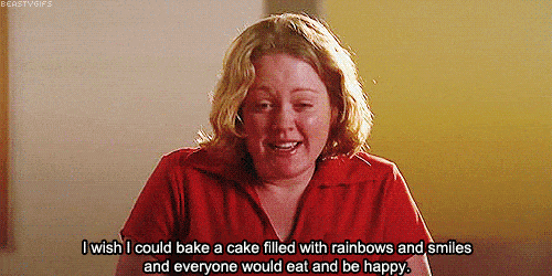 Mean girls rainbow cake girl gif