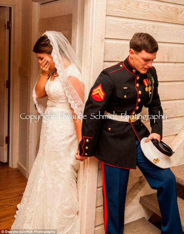 US marine Caleb Earwood and wife Maggie before their wedding in viral photo