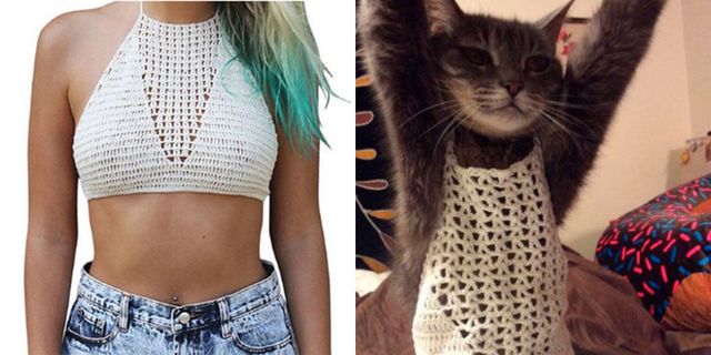 Woman dressed her cat in a crochet top to prove one size does not fit all