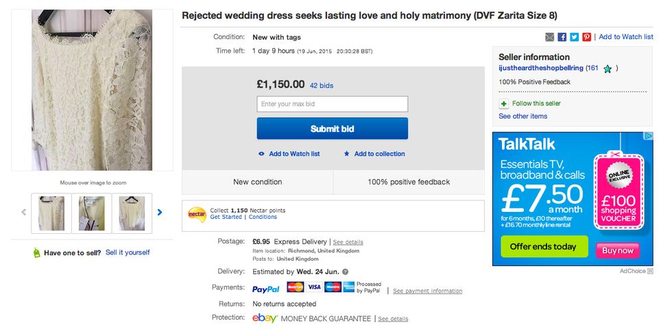 Rejected wedding dress for sale on ebay