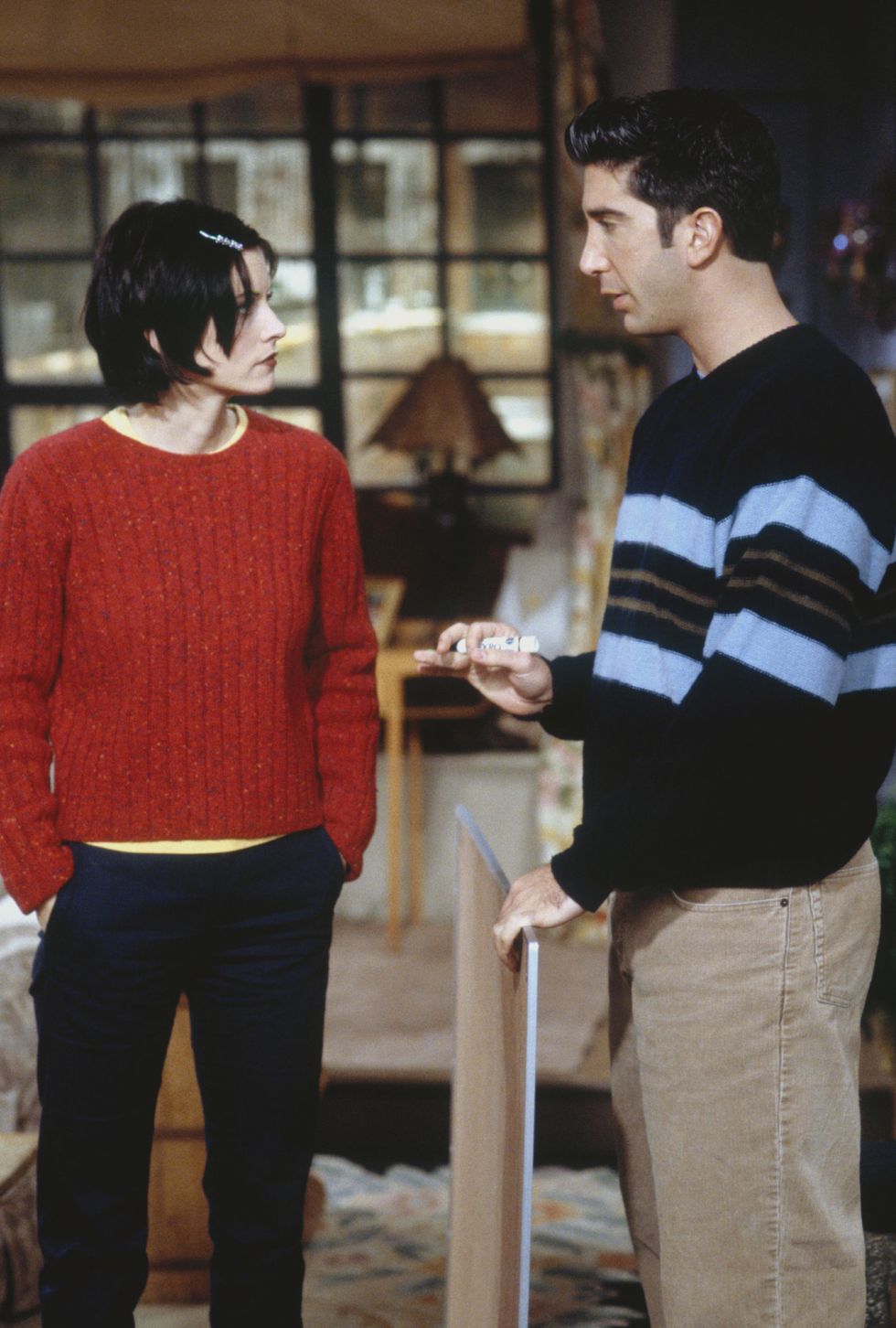 FRIENDS -- &quot;The One with the Embryos&quot; Episode 12 -- Pictured: (l-r) Courteney Cox as Monica Geller, David Schwimmer as Ross Geller -- Photo by: J. Delvalle/NBCU Photo Bank 