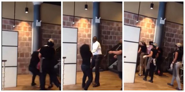 This video shows the moment a café manager punches his female employee to the floor