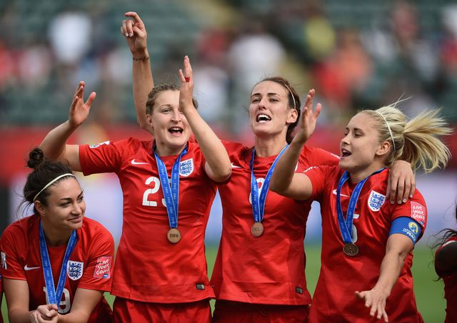 England Lionesses women's world cup football team celebrate winning bronze medal