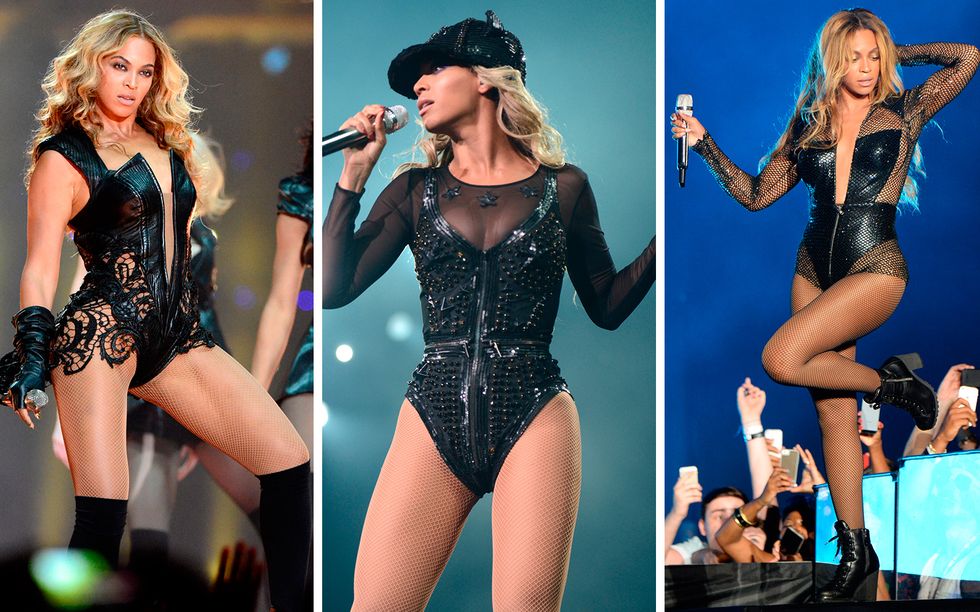 Beyonce wearing the same outfits: plunging leather bodysuit