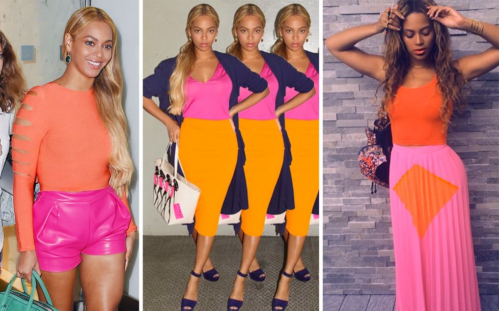 Beyonce wearing the same outfits: orange and yellow