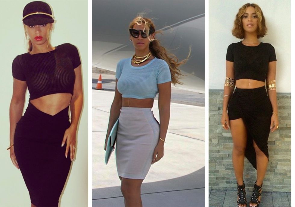 Beyonce wears the same outfits: crop top and skirt