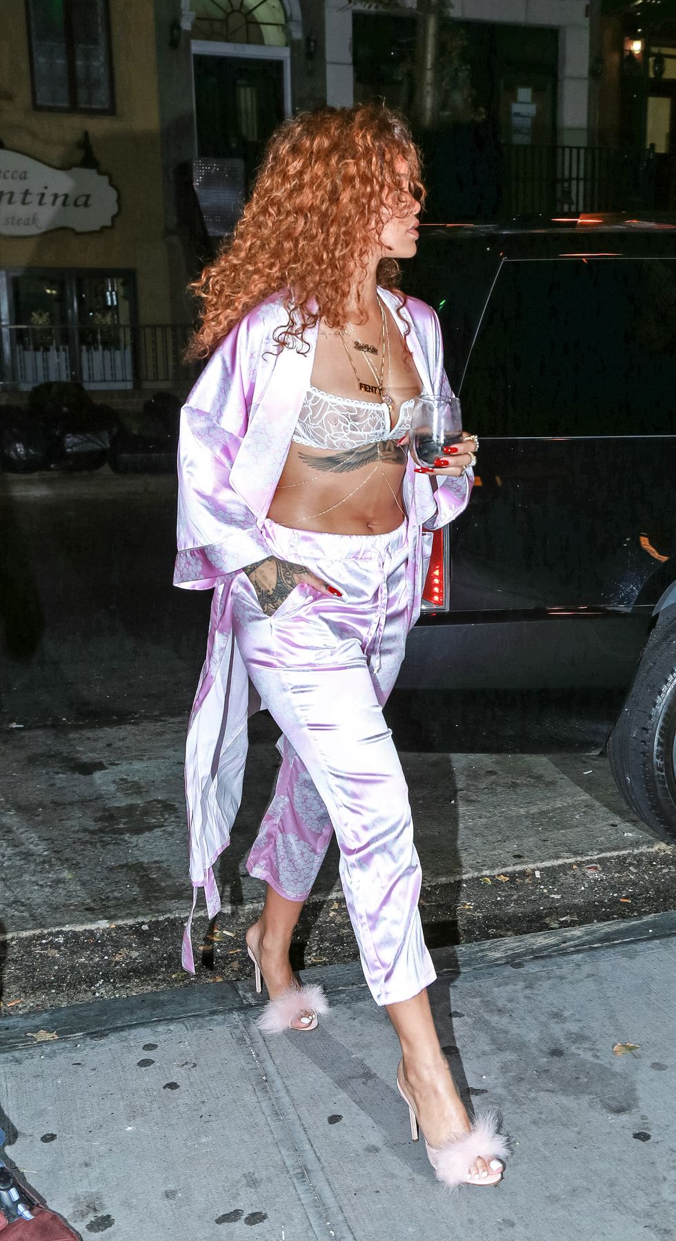 Rihanna heads to the studio in her super fancy pyjamas