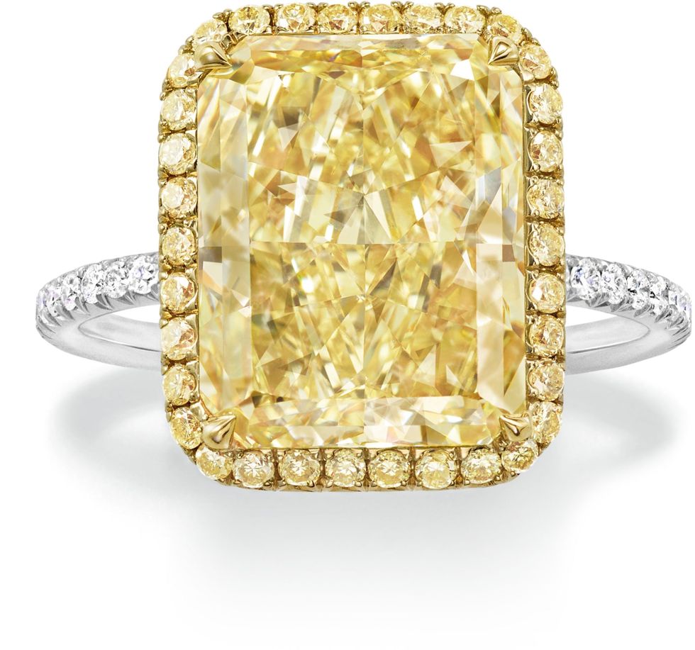 <p>Harry Winston Micropave Radiant Yellow Diamond Ring set in Platinum and Yellow Gold, Price upon request; <a href="http://www.harrywinston.com">harrywinston.com</a></p>