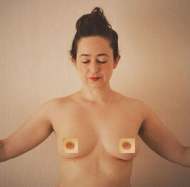 woman covering her nipples with pictures of male nipples in Instagram