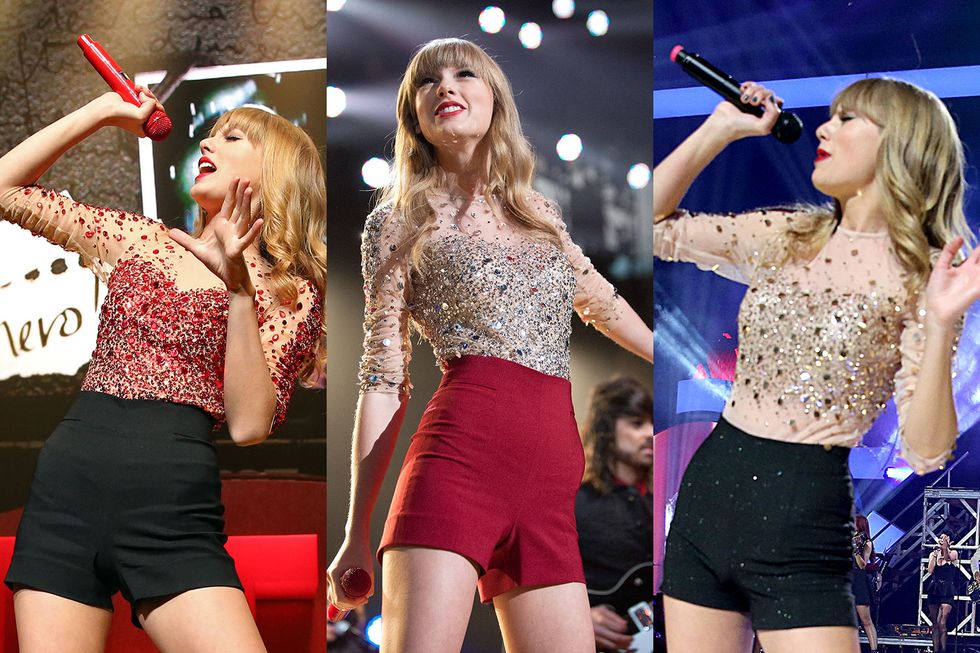 Taylor Swift in sequin top and hot pants on stage